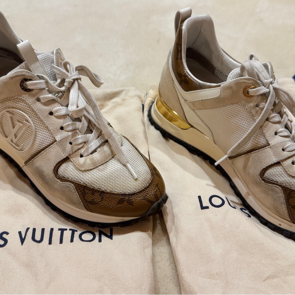 Louis Vuitton Cream Sneakers with Retro Design and Chunky Sole